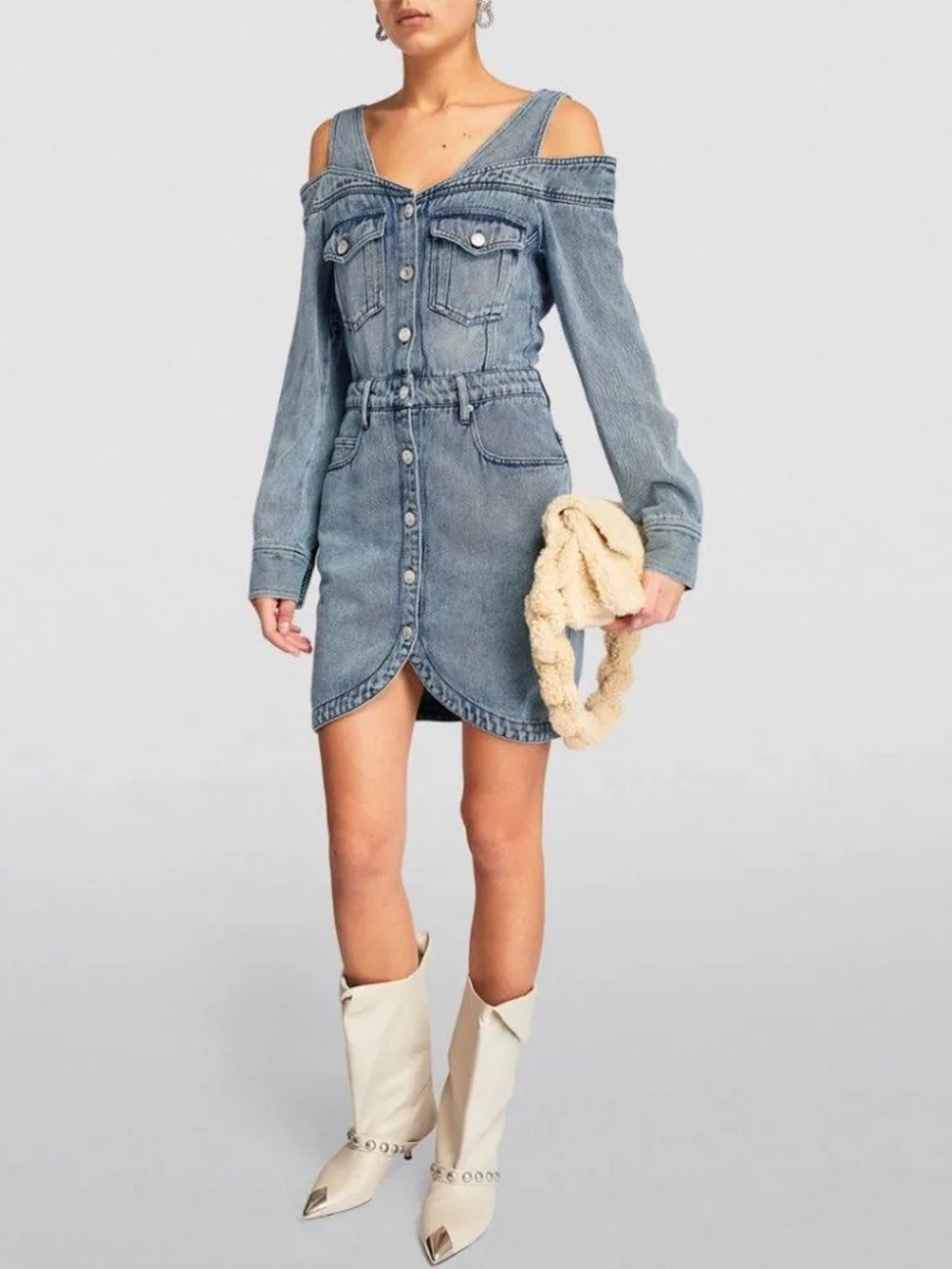 Isabel Marant NWT Women’s Pelona Cold-Shoulder Denim Mini Dress “Light Blue”